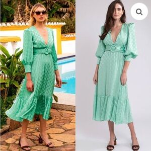 NWT!! PatBO Brazillian Satin Midi Polka Dot Dress in Green. Size 2/XS